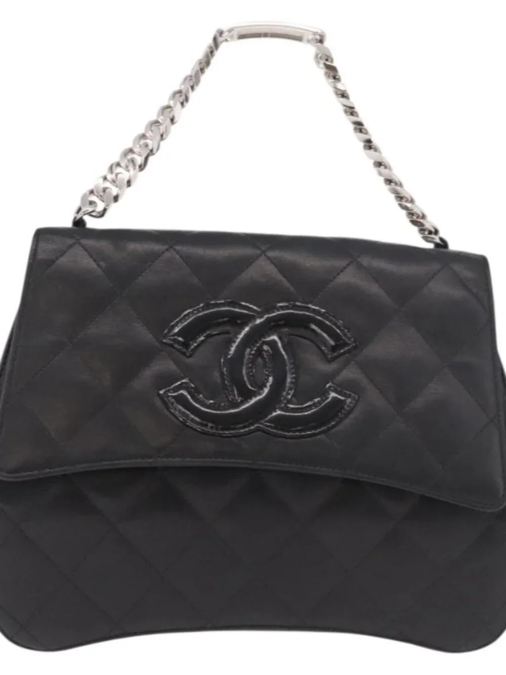 CHANEL Matelasse Chain Hand Bag Lamb Skin Black Silver CC Auth 185765